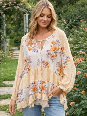 American Eagle Floral Mixed Print Boho Peplum Tunic Blouse
